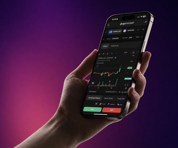 A smartphone displays the XPMarket trading interface featuring the XRP/USD chart on the XRP Ledger (XRPL), with prominent "Buy" and "Sell" buttons at the bottom, visually reinforcing the post's message that XPMarket.com is a one-stop platform for exploring the XRPL.
