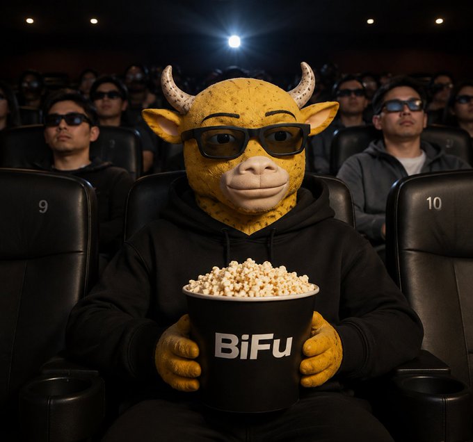A surreal scene of a yellow, horned character wearing sunglasses and a black hoodie, sitting in a movie theater seat holding a bucket of popcorn labeled 'BiFu'.