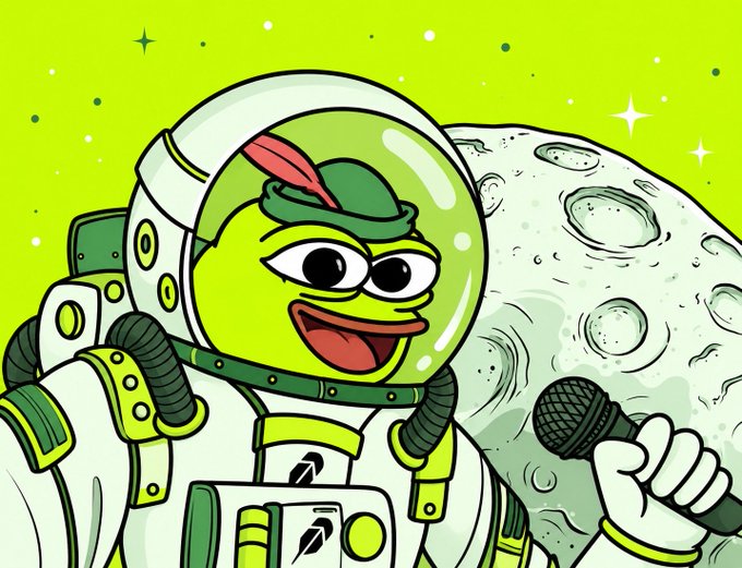 A cartoon illustration of a green frog character wearing a spacesuit with a feathered cap, holding a microphone in front of a moon background.
