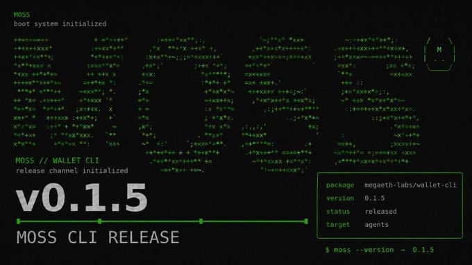 A terminal-style graphic displaying ASCII art that reads 'MOSS' with the text 'MOSS // WALLET CLI release channel initialized' and 'v0.1.5 MOSS CLI RELEASE', alongside a package info box showing version 0.1.5 with status released.