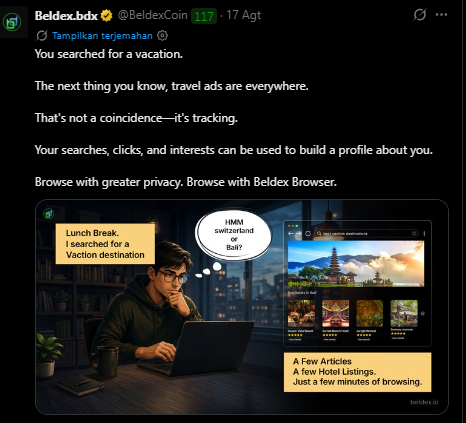 Tweet by 'Beldex.bdx @BeldexCoin' about online tracking, showing an illustration of a man at a laptop being shown travel ads, promoting 'Beldex Browser' for private browsing.