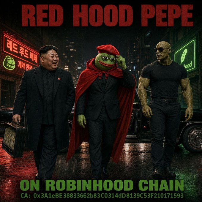 A promotional meme titled 'RED HOOD PEPE' showing a green Pepe character in a red cloak walking between Kim Jong Un and Dwayne 'The Rock' Johnson, advertising 'ON ROBINHOOD CHAIN' with a contract address starting 'CA: 0x3A1eBE38833662b83C0314dD8139C53F210171593'.
