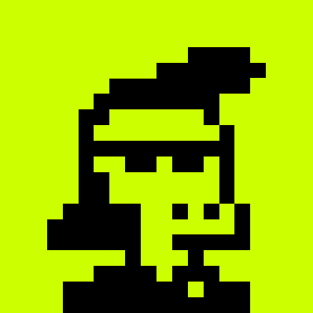 A simple, blocky pixel art character with a cap, rectangular eyes, and a small body, rendered in black against a vibrant lime green background.