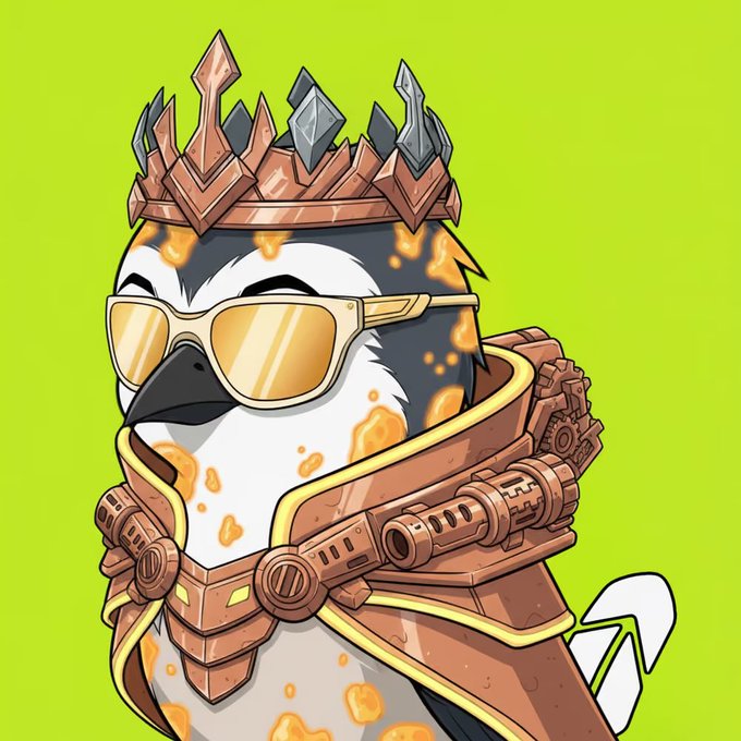 A cartoon-style digital illustration features a penguin wearing orange sunglasses and a copper-colored crown with crystal points, along with an ornate collar piece, set against a lime green background.