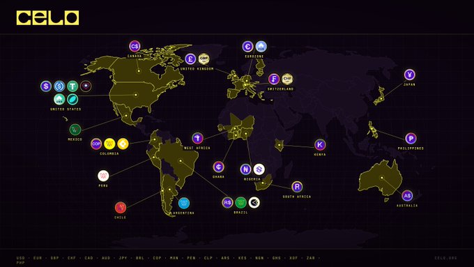 A dark world map from CELO showing various stablecoins and currencies across different countries including the United States, Canada, Mexico, Colombia, Peru, Chile, Argentina, Brazil, West Africa, Ghana, Nigeria, South Africa, Mexico, the Philippines, Switzerland, Sweden, the United Kingdom, and Australia.