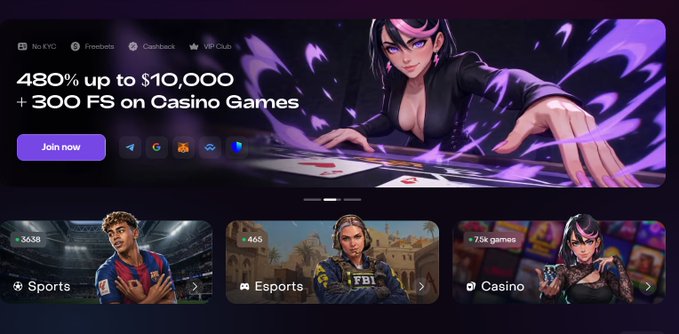 A sports betting website banner advertises '480% up to $10,000 + 300 FS on Casino Games' featuring an anime-style female dealer, with navigation tabs for Sports, Esports, and Casino below.