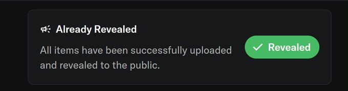 A dark UI panel displays an "Already Revealed" notification stating "All items have been successfully uploaded and revealed to the public," accompanied by a green "Revealed" checkmark button. The image confirms the completion of the mint/launch event teased in the post, signaling the $PUFF collection is now live and viewable.