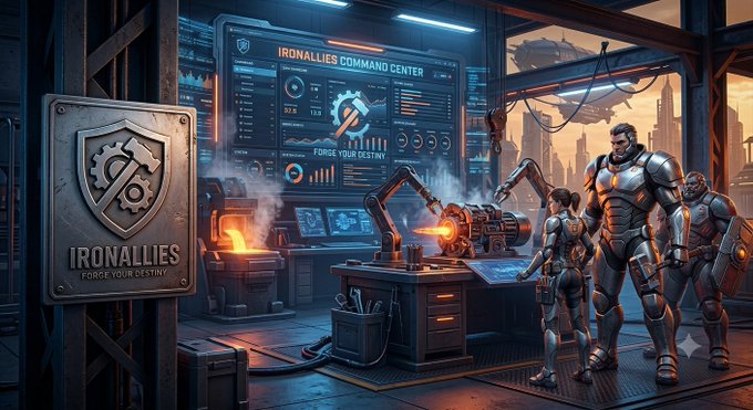 A sci-fi themed digital illustration titled 'IRONALLIES COMMAND CENTER' and 'IRONALLIES FORGE YOUR DESTINY,' depicting armored characters in a futuristic workshop with screens displaying data and robotic arms working on equipment.