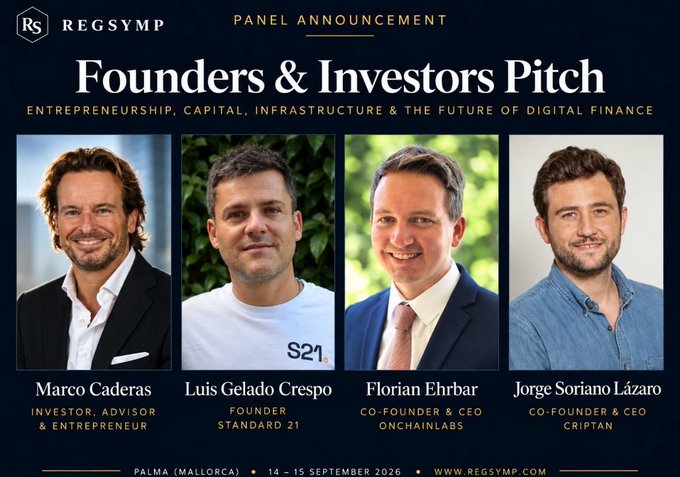 A promotional graphic titled 'Founders & Investors Pitch' for REGSYMP in Palma (Mallorca) on 14-15 September 2026, featuring headshots of Marco Caderas, Luis Gelado Crespo, Florian Ehrbar, and Jorge Soriano Lázaro.