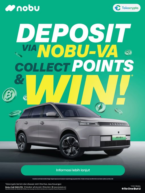 A promotional advertisement for Tokocrypto featuring a Jaecoo J5 EV (license plate "J5 EV") as a prize, with bold yellow text reading "DEPOSIT VIA NOBU-VA COLLECT POINTS & WIN!" alongside Nobu and Tokocrypto branding and an "Informasi lebih lanjut" call-to-action button—promoting the deposit-based points and sweepstakes campaign detailed in the caption.