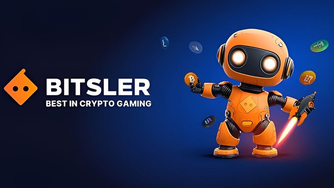 irtbot, a 3D robot character, holds a sword and shield against a blue background with the Bitsler logo and text reading "Best In Cryptocurrency Gaming".