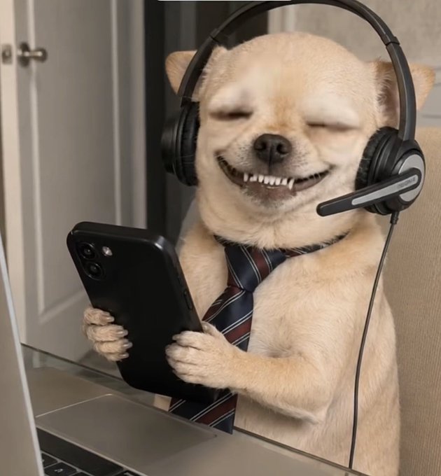 A small white dog wearing oversized headphones and a striped tie grins broadly while holding a smartphone, embodying the joyful "goodest day" reaction to Robinhood's Dog meta post. The pup's wide smile and business attire perfectly capture the wholesome excitement of the meme moment.