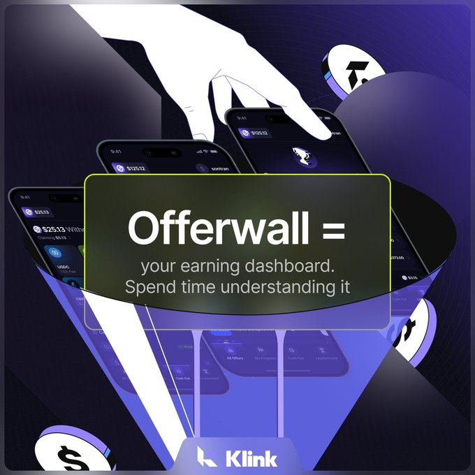 A stylized illustration shows a hand reaching toward multiple smartphones funneling into a "Klink" offerwall dashboard, with the central text reading "Offerwall = your earning dashboard. Spend time understanding it," visually reinforcing the tip that users should familiarize themselves with this central earnings hub.