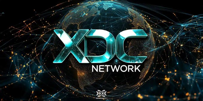 The image displays the XDC Network logo, featuring metallic blue "XDC" lettering above the word "NETWORK," set against a stylized digital globe encircled by glowing interconnected nodes and lines representing a global blockchain network. This visual ties directly to the accompanying post about Vert Capital's plan to tokenize approximately $1 billion in real-world assets on the XDC Network, reinforcing the theme of worldwide, institutional adoption of blockchain technology for regulated assets.