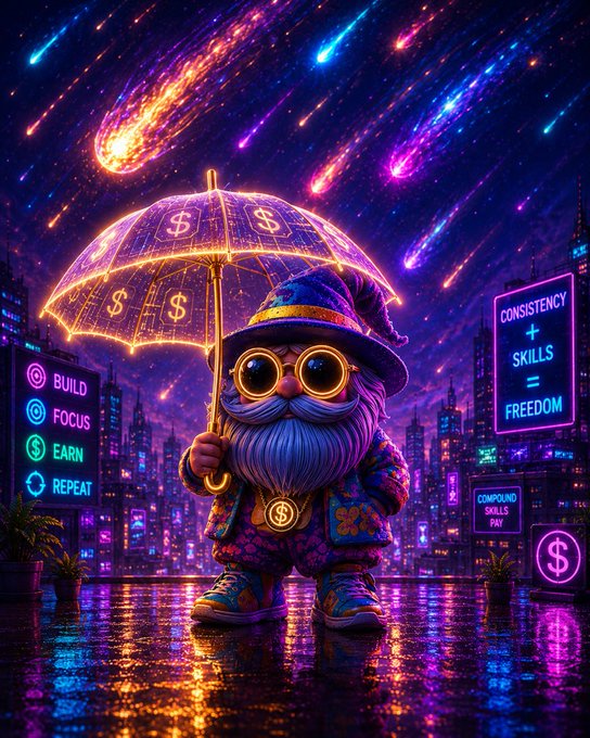 A vibrant neon-style illustration of a wizard/dwarf character holding a dollar-sign umbrella in a futuristic city with text panels reading 'BUILD, FOCUS, EARN, REPEAT' and 'CONSISTENCY + SKILLS = FREEDOM'.