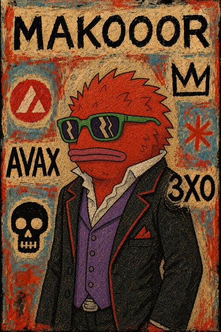 A graffiti-style street art image featuring a red duck-like character wearing sunglasses and a suit, with text 'MAKOOOR', 'AVAX', '3X0', and a crown symbol.