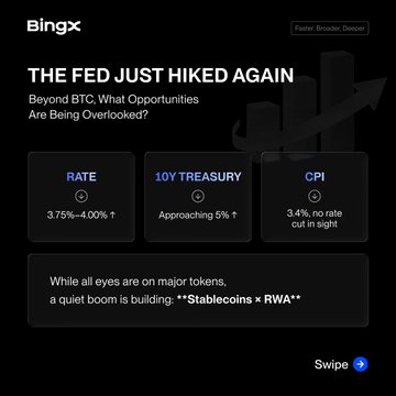 A Blingx post titled "THE FED JUST HIKED AGAIN" highlighting macro indicators (Rate: 3.75%-4.00%, 10Y Treasury: approaching 5%, CPI: 3.4%), with a note that a quiet boom is building in "Stablecoins × RWA." The image ties to the caption by framing stablecoin growth and RWA rotation as overlooked opportunities amid rising rates and tighter monetary policy.