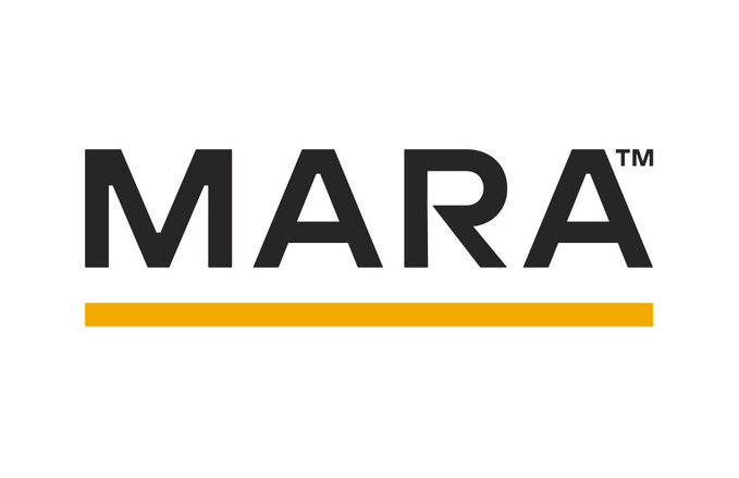 A logo featuring the word 'MARA' in bold black letters with a small 'TM' trademark symbol, underlined by an orange bar on a white background.