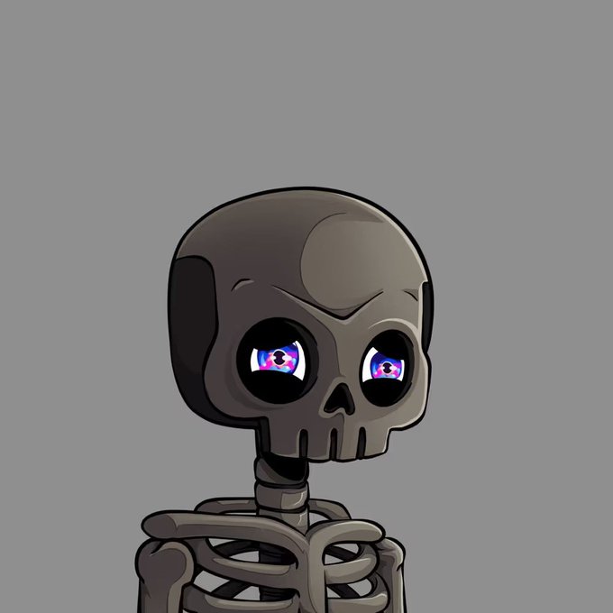 A cartoon illustration of a dark gray skeleton character with a large skull featuring big expressive purple and pink eyes, shown from the chest up against a plain gray background.