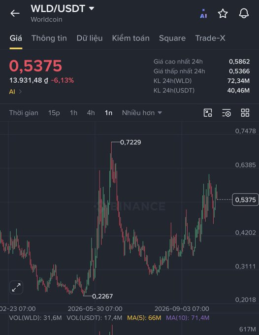 Binance trading chart for WLD/USDT (Worldcoin) showing price at 0.5375, down 6.13% to 13,931.48 đ, with 24H high 0.5862 and low 0.5366.