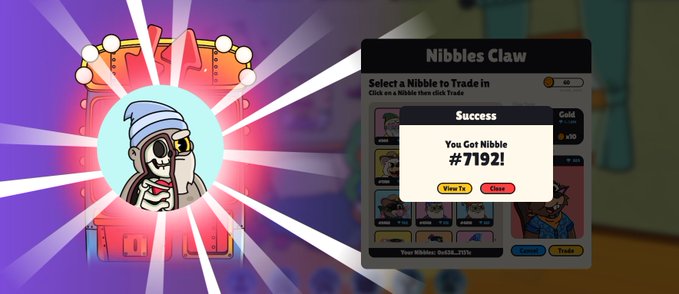 A digital collectible trading screen showing a success message 'You Got Nibble #7192!' for 'Nibbles Claw', with a cartoon creature in a blue hat displayed on the left.
