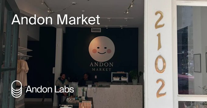Interior storefront view of "Andon Market" at address 2102, featuring a logo with a smiling round face and text "Andon Labs."