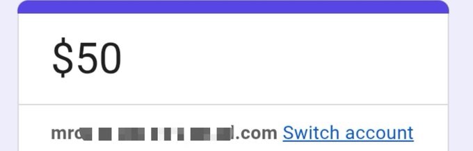A Google account interface shows a $50 balance linked to a partially redacted email address, likely representing a cryptocurrency wallet balance or giveaway reward. This relates to the post about Ansem's $50 giveaway, where participants need to copy their Solana address to enter via a Google form.