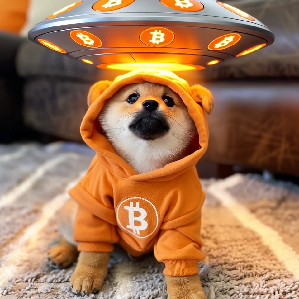 A Shiba Inu dog wearing an orange Bitcoin-themed hoodie sits on a carpet as a UFO displaying Bitcoin symbols hovers above it.