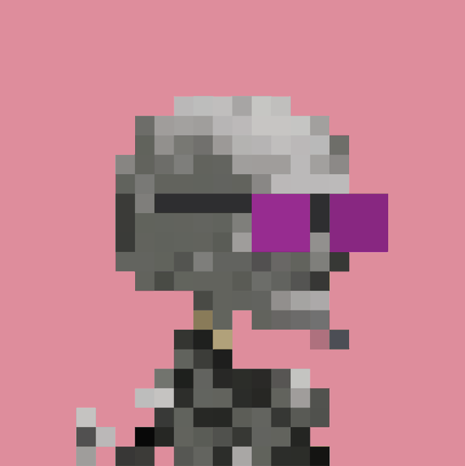 A pixel art character with gray hair and purple sunglasses against a pink background.