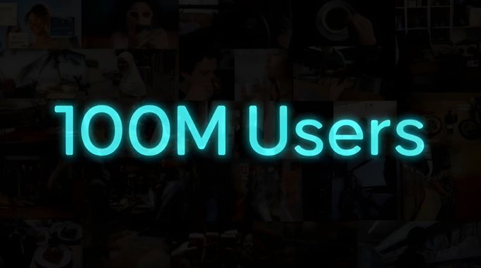 Neon cyan text reading '100M Users' displayed over a dark collage background of various user photos.