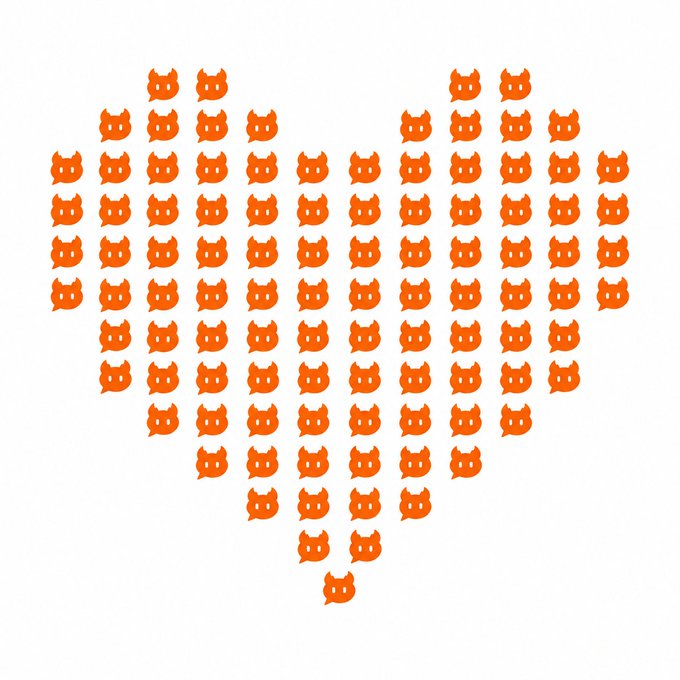 A creative graphic featuring multiple orange cat-shaped speech bubble icons arranged to form the shape of a heart on a white background.