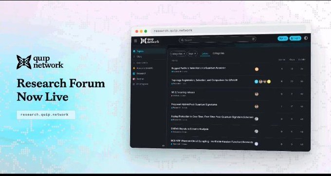 Promotional graphic announcing 'Research Forum Now Live' at research.quip.network, showing the Quip Network logo and a screenshot of the dark-themed forum interface.
