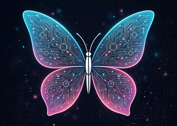 A digital artwork shows a symmetrical butterfly with circuit board patterns and glowing pink and blue lights on its wings against a dark background with scattered pink particles.