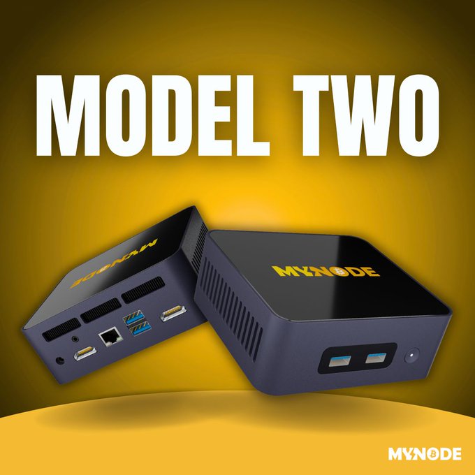 A promotional graphic displays two 'MYNODE' Model Two devices, small black mini-PCs with USB and ethernet ports, against a yellow background.