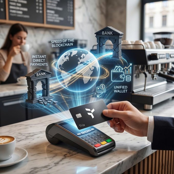 The image shows a person using a modern payment system called Tritia to make a purchase at a coffee shop or restaurant. The person's hand is holding a credit card, which is being used for instant payments. The scene also includes a menu on display behind the counter and a cup of coffee nearby. The post highlights how Tritia brings the speed of the blockchain to everyday life by providing direct payments without relying on traditional banking systems or banks.