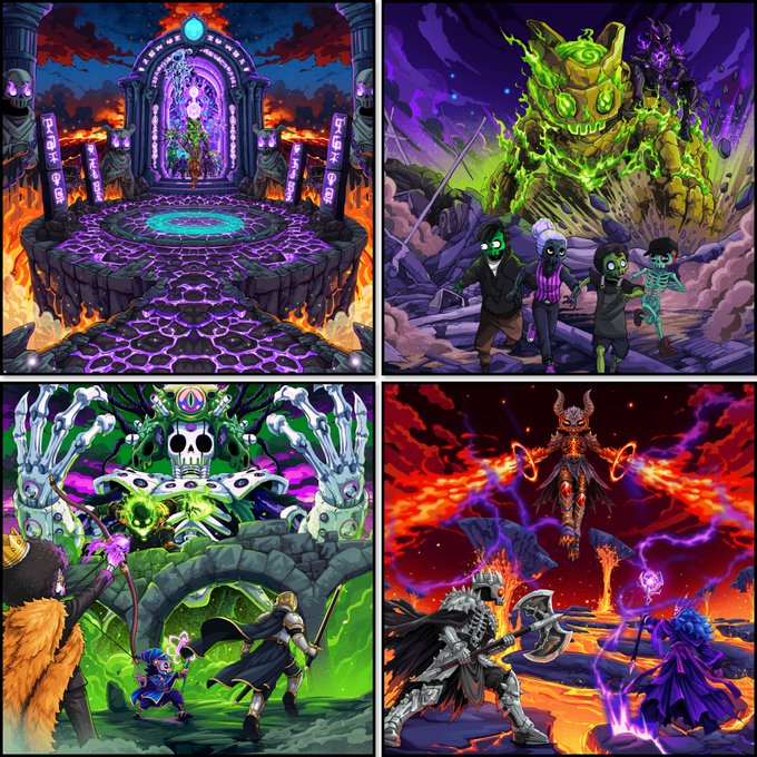 A 2x2 grid of fantasy video game art depicting dark, gothic scenes including characters facing giant monsters, a stone portal surrounded by lava, and a demonic figure in a fiery landscape.
