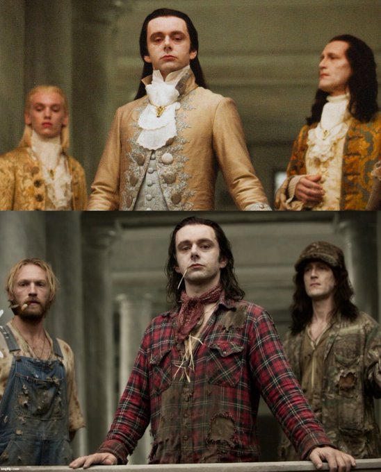 A before-and-after meme of actor Steve Buscemi's character from the film 'Fargo,' showing him dressed as a wealthy aristocrat on top and as a disheveled commoner on the bottom.
