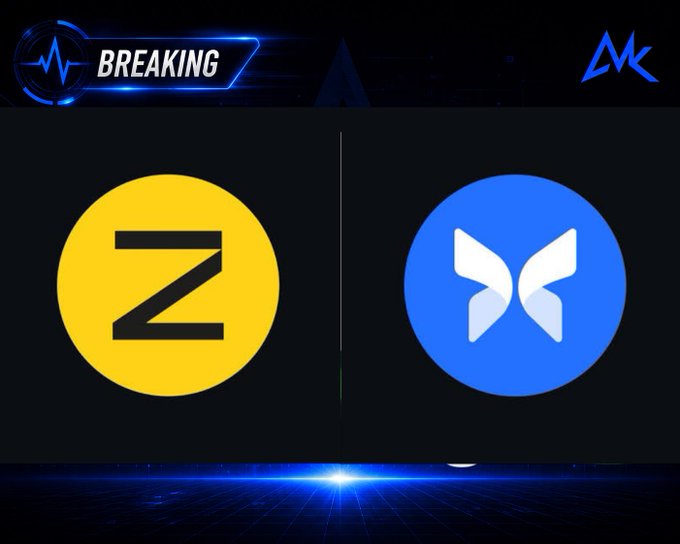 A 'BREAKING' news graphic featuring the yellow 'Z' logo of Zcoin and the blue butterfly logo of Fantom cryptocurrency side by side on a dark background, with an 'MK' logo in the top right corner.