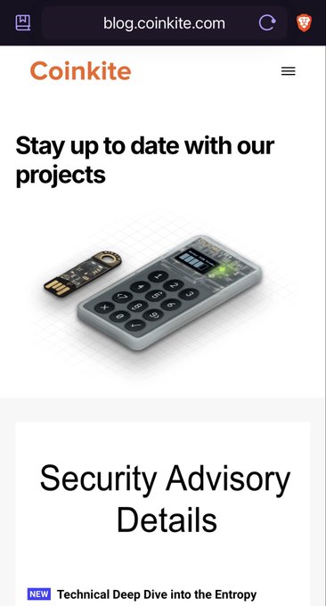 The image shows a mobile screenshot of the Coinkite blog (blog.coinkite.com) displaying a "Stay up to date with our projects" header alongside an image of a Coldcard hardware wallet and USB device, followed by a "Security Advisory Details" section featuring a new "Technical Deep Dive into the Entropy" post.

This relates to the post about a significant security incident, as Coinkite (makers of the Coldcard Bitcoin hardware wallet shown) appears to be issuing a security advisory—likely addressing an entropy vulnerability that could compromise the safety of funds stored on their devices.