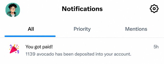 A mobile app screenshot of a Notifications page showing a 'You got paid!' message indicating '1139 avocado has been deposited into your account' 5 hours ago.