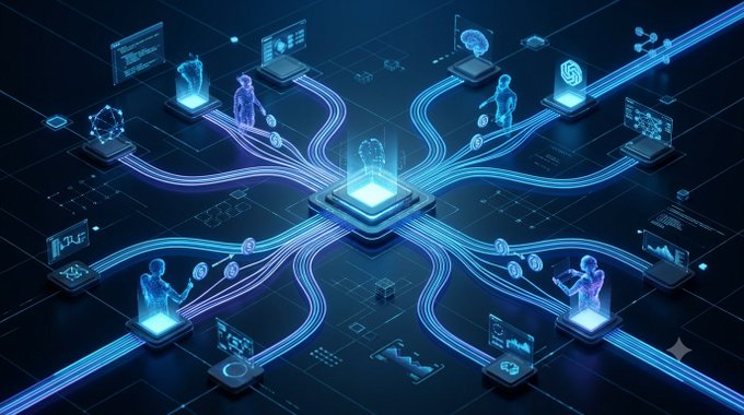 A digital illustration showing a network of blue neon-lit pathways connecting holographic figures, laptops, and devices to a central padlock icon symbolizing cybersecurity and data protection.
