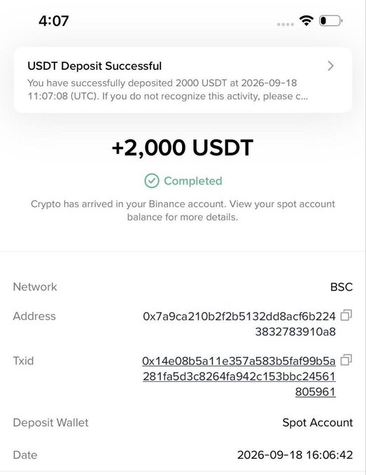 A screenshot of a successful USDT deposit notification showing '+2,000 USDT Completed' on the Binance platform via the BSC network, with transaction details including the address 0x7a9ca210b2f2b5132dd8acf6b2243832783910a8 and txid 0x14e08b5a11e357a583b5faf99b5a281fa5d3c8264fa942c153bbc24561805961.