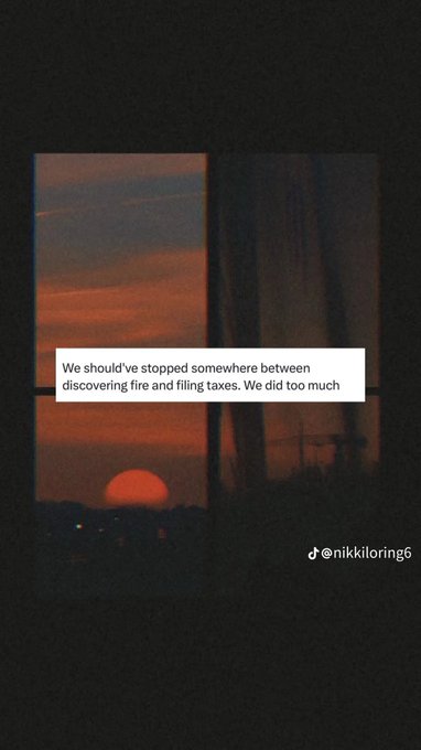 A moody photo of a red sunset seen through a window with silhouetted curtains, overlaid with the text 'We should've stopped somewhere between discovering fire and filing taxes. We did too much' and the TikTok handle '@nikkiloring6'.
