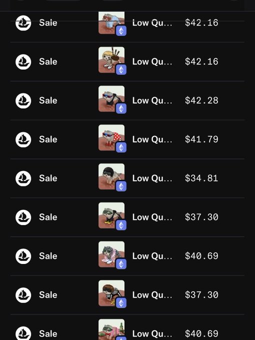 A mobile screenshot showing a list of "Low Qu..." (Low Quality) NFT sales priced between $34.81 and $42.28, with the accompanying post commenting on the irony of "Low Quality" NFTs achieving cult status and seeing significant trading volume during a market downturn.