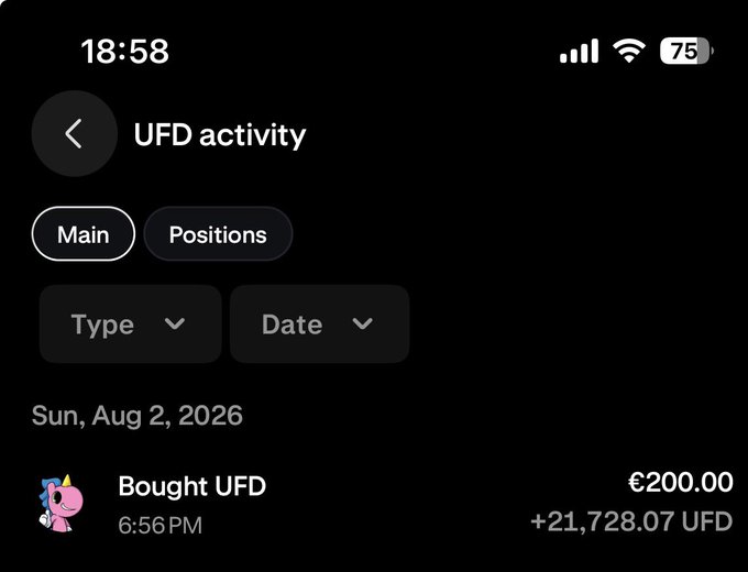 A mobile phone screenshot showing a UFD activity screen dated Sun, Aug 2, 2026, with a 'Bought UFD' transaction at 6:56 PM for €200.00 equaling +21,728.07 UFD.