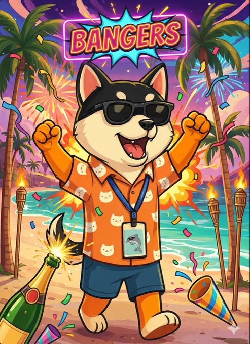 A cartoon Shiba Inu wearing sunglasses and a Hawaiian shirt parties on a beach with fireworks, a champagne bottle, and the word "BANGERS" above, symbolizing the festive "underdog" energy of crypto's 2025/2026 comeback rally.