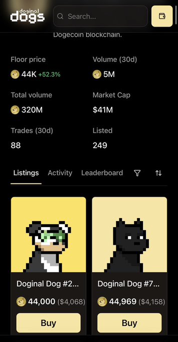 A screenshot of the "doginal dogs" NFT marketplace on the Dogecoin Blockchain, displaying stats like a 44K floor price and listings for "Doginal Dog #2" and "Doginal Dog #7" at prices like 44,000 and 44,969.