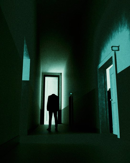 A dark silhouette of a person standing at the end of a hallway in front of a brightly lit doorway, bathed in an eerie teal light.