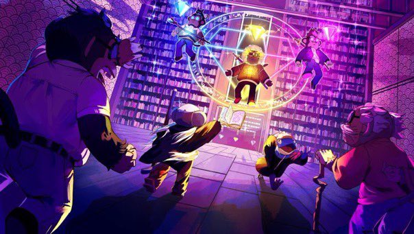 An illustration depicts LEGO minifigures performing a magical ritual with a glowing pentagram in front of a large bookshelf, featuring Batman and other characters.