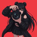 An anime-style illustration of a girl with long black hair and bear ears, wearing black clothing and holding a camera on a bright red background.